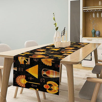 Egyptian Table Runner, Retro Egypt Mural Old Hieroglyphic Elements Ancient Mythology Hieroglyph Symbol Printed Kitchen Dining Table Runner for Kitchen Living Room Home Party 13x108in