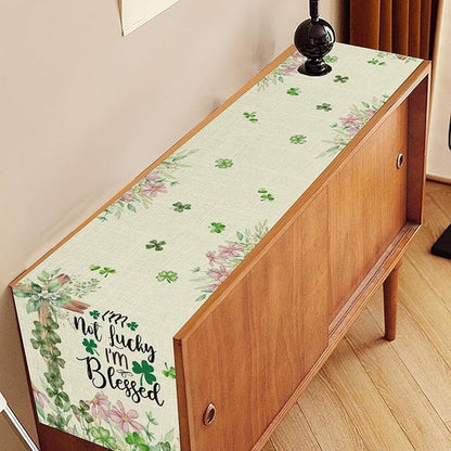 Cross Clover Table Runner,Rustic Beige Pink Floral Green Shamrock St.Patrick's Day Table Center Decor for Home Kitchen Dining Patio Holiday Party Indoor Decorations, 13"x90"