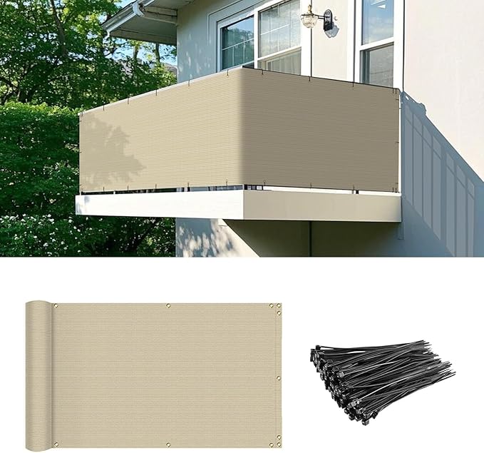 2.5' x 207' Balcony Privacy Screen Fence Cover with Zip Ties Grommets for Apartment Patio Porch Deck Backyard Outdoor (Beige)