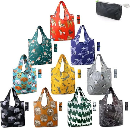 BeeGreen Animal Reusable Shopping Bags Grocery Totes 10 Pack with Zipper Carry Pouch Cute Shopper Bags XLarge Machine Washable Durable Gifts for Animal Lovers Women