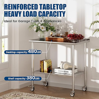 Stainless Steel Work Table with Wheels, 24x48 Inch NSF Food Prep Table with Backsplash & Adjustable Undershelf for Commercial Kitchen, Restaurant, Garage