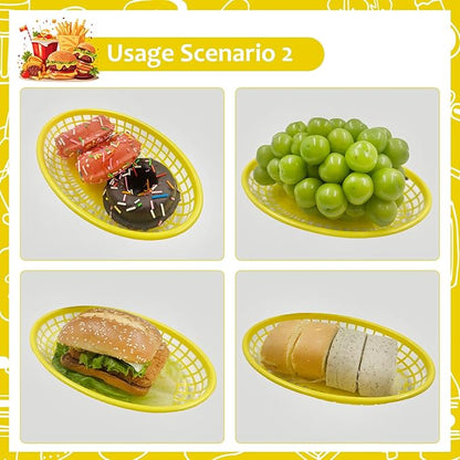 20 Pack Plastic Fast Food Baskets, 8.8" × 5.5" Small Oval Restaurant Serving Baskets Tray for Burgers, Sandwiches, Hot Dogs, Parties, Food Trucks, Reusable or Disposable, Stackable(Yellow)
