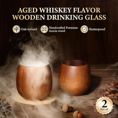 Electric Whiskey Smoker Kit with 7 Light Modes,Rechargeable Cocktail Smoker with 2 Wooden Bourbon Glasses,10 Natural Wood Chips,Food-Grade Stainless Steel Ice Cubes & Mold,Gift for Men, Dad, Husband