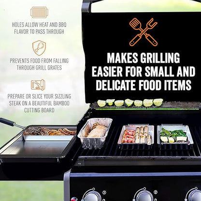 Yukon Glory™ BBQ 'N SERVE Premium Set, Includes 3 Grill Baskets, Serving Tray, Bamboo Cutting Board, Plastic Lid and Clip-on Handle