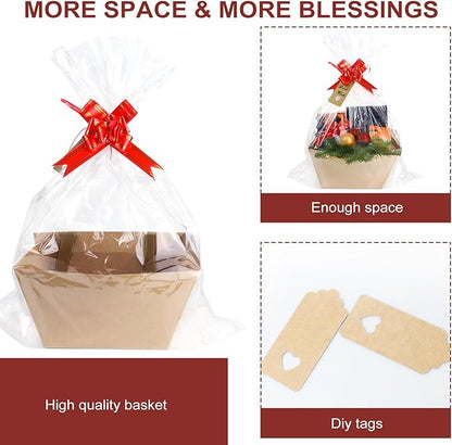 Bigger Baskets for Gifts Empty, 6 Pack Sturdy Kraft Basket With Handles Gift Basket Kit, 6 Shrink Wrap Bags, 6 Bows and Hang Tag, Empty Gift Baskets to Fill for Valentines Birthday Baby Shower