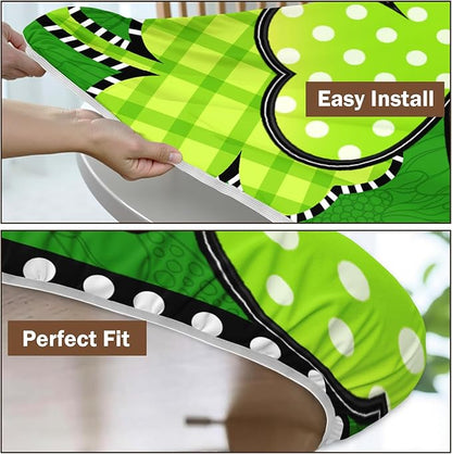 St Patricks Day Round Fitted Tablecloth with Elastic Green Shamrock Lucky Circle Table Cover for 48-52" Tables Spring Clover Wipeable Waterproof Washable Table Cloth for Party Picnic Dining Decor