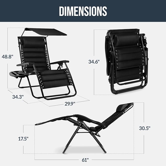 Best Choice Products Oversized Padded Zero Gravity Chair w/Canopy Headrest Cup - Image 2