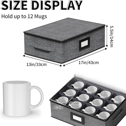 Aokeyee 2-Pack Cup and Mug Storage Box, Hard Shell China Storage Containers - Holds 24 Coffee Mugs, Tea Cups & Glasses, Stackable Organizers with Lid, Handles, Zippers & Label for Moving