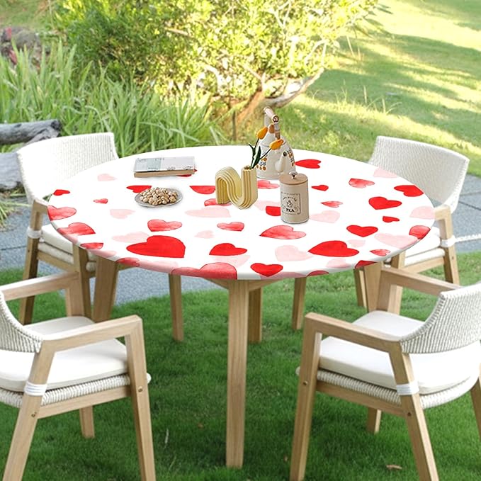Valentines Day Round Fitted Tablecloth with Elastic Pink Red Love Heart Circle Table Cloth for 48-52" Round Tables Wipeable Waterproof Washable Valentine Table Cover for Picnic Dining Party Decor