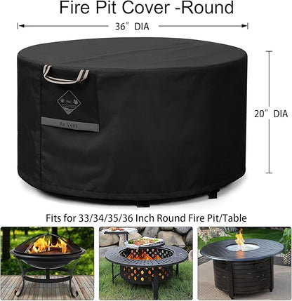 QH.HOME Fire Pit Cover Round, 100% Waterproof, 600D Strong Tear Resistant, Outdoor Firepit Covers Round Fits 33",34 inch ,35 inch,36 inch Fire Pit Cover, 36” Dia X 20”H -Black .