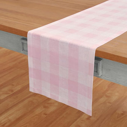 Solino Home Linen Checkered Table Runners 90 Inches Long - 100% Pure Linen Marshmellow Pink Buffalo Check Table Runner 14 x 90 Inch Ideal for Dining, Valentines, Spring, Easter