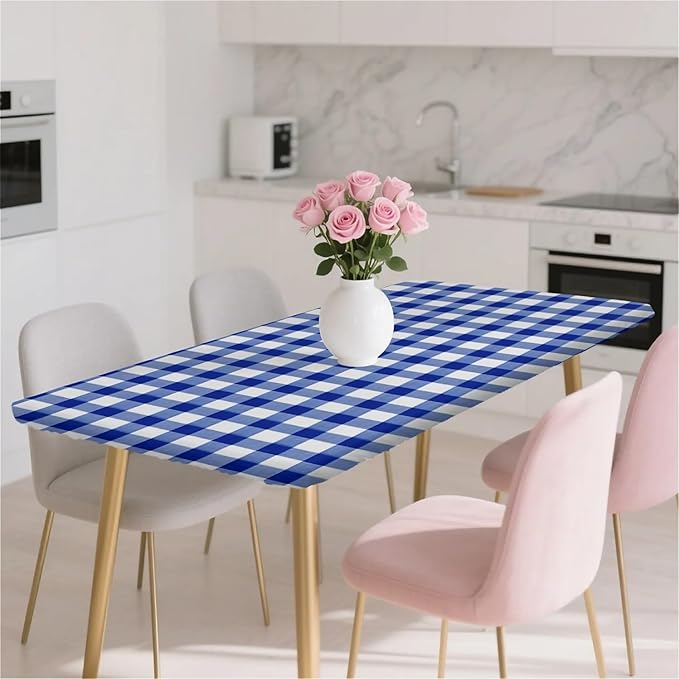 Rectangle Table Cloth Cover Waterproof Elastic Fitted Polyester Fitted Tablecloths for 4 Foot Tables for Indoor,Picnic, Camping, Outdoor （48" x 30"，Blue Grid）