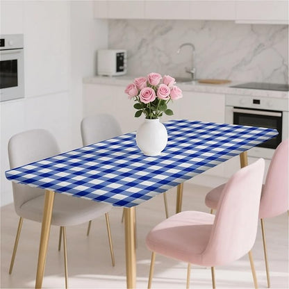Rectangle Table Cloth Cover Waterproof Elastic Fitted Polyester Fitted Tablecloths for 8 Foot Tables for Indoor,Picnic, Camping, Outdoor （96" x 30"，Blue Grid）