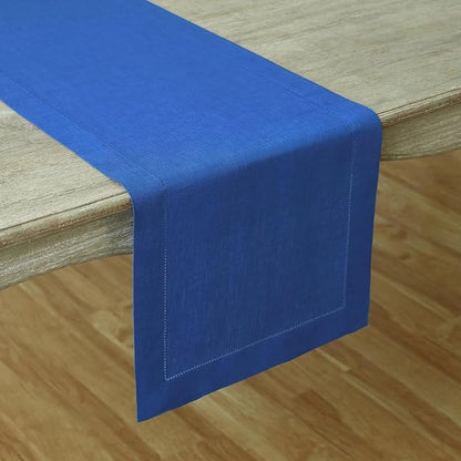 Solino Home Linen Royal Blue Table Runner 156 Inches Long - 100% Pure Linen Extra Long Table Runner 14 x 156 Inch for Spring - Classic Hemstitch