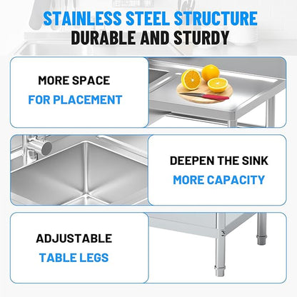 Stainless Steel Utility Sink, 39'' Free Standing Single Bowl Kitchen Sink with Cold and Hot Water Pipe, worktop,Indoor and Outdoor for Laundry Room Farmhouse Kitchen