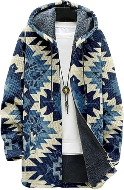 Men's Hooded Sweater Coat Knit Fleece Lined Long Cardigan Jacket with Zip Front Pocket Vintage Casual Zip Up
