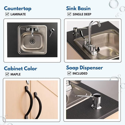 Ozark River Portable Sinks Premier 1D, Deep Stainless Sink Basin-Laminate Countertop-Maple Laminate, Self Contained Sink, Portable Sink with Hot Water, Portable Sink Hand Wash Station