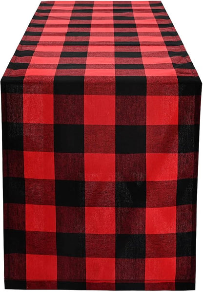 Tosewever Christmas Buffalo Check Plaid Table Runner, Cotton Polyester Blend Classic Family Dinner Table Runners for Indoor Outdoor Parties Events Home Decoration (Red and Black, 14 x 108 Inch)