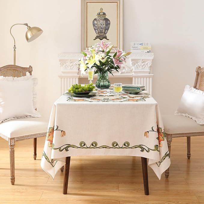 patdrea Designer Linen Square Tablecloth,Vintage French Floral Tablecloths,Wrinkle Free Table Cloth,Decorative Table Cover Cloth for Kitchen,Dining,Tea Party,Home,Christmas,67"*67"