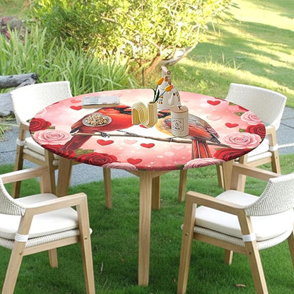 Valentines Day Round Fitted Tablecloth with Elastic Cardinal Bird Heart Circle Table Cloth for 48-52" Tables Wipeable Waterproof Washable Valentine Red Birds Table Cover for Picnic Dining Party Decor