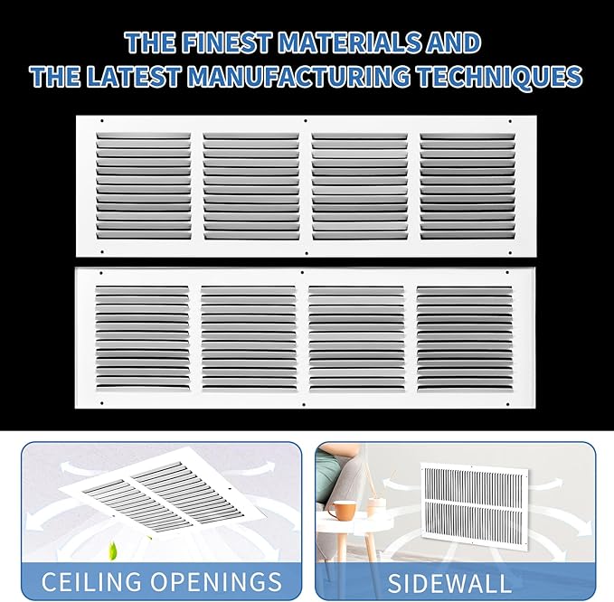 24x8 Return Air Grille (Duct Opening Size), Air Return Vent Cover, AC Vent Cover, Cold Air Return Vent Cover, Flat Return Air Grilles, Outer Dimensions:25.75"W x 9.75"H (24"Wx8"H, Duct Opening)