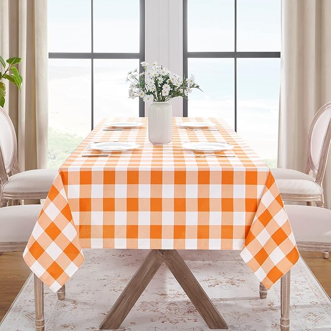 Softalker Gingham Checkered Tablecloth Rectangle - Outdoor Waterproof Buffalo Plaid Table Cloth, Stain Resistant Washable Table Cover for Picnic, Camping, Dining - Orange and White, 60 x 102 Inch