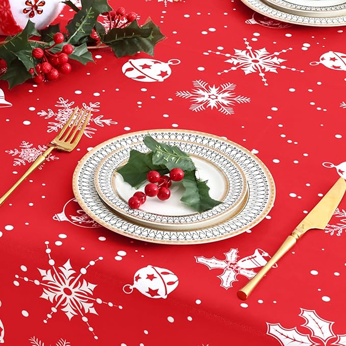 misaya Rectangle Waterproof Vinyl Table Cloth, Wipeable Tablecloth with Flannel Backing, Plastic Table Cover for Dinner, Christmas Party (Bells, 52" x 70")