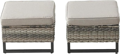 HUMMUH Outdoor Ottomans for Patio Set of 2 PE Wicker Outdoor Footstool with Removable Weather-Resistant Cushions for Patio, Backyard