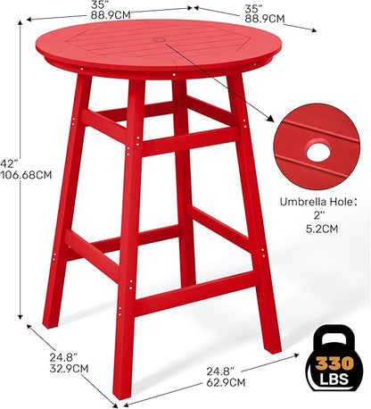 Costaelm Patio Bistro Table, 42" Counter Height Round Patio Cocktail Bar Table with Umbrella Hole, Outdoor Bistro Dining Pub Table for Front Porch Deck Backyard Garden, Red