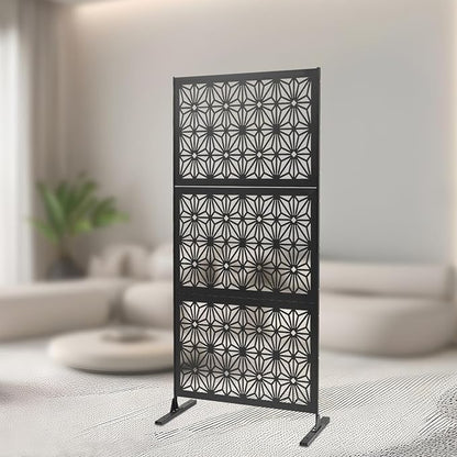 75" H×35" W Decorative Outdoor Privacy Screen with Stand, Outdoor Decor Privacy Fence Screen Metal Fence Panels, Free Standing Metal Divider for Patio Lawn Deck (Black-Snowflake)