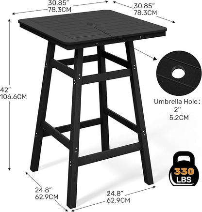 Costaelm Outdoor Bar Table, 42" Counter Height Square Patio Cocktail Bar Table with Umbrella Hole, Patio Bistro Dining Pub Table for Front Porch Deck Backyard Garden, Black