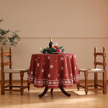 ISAENNE Designer Christmas Red Round Tablecloth,Linen Table Cloth with Snowflakes Pattern,Wrinkle Resistant Decor Tablecloths for Dining Kitchen Thanksgiving Christmas,Diameter 67"-Carol C