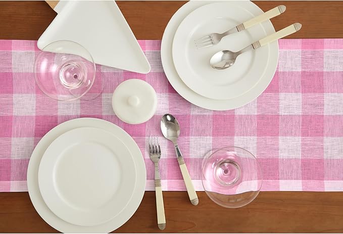 Solino Home Linen Checkered Table Runner 144 Inches Long - 100% Pure Linen Pink Begonia Buffalo Check Extra Long Table Runner 14 x 144 Inch Ideal for Dining, Valentines, Spring, Easter