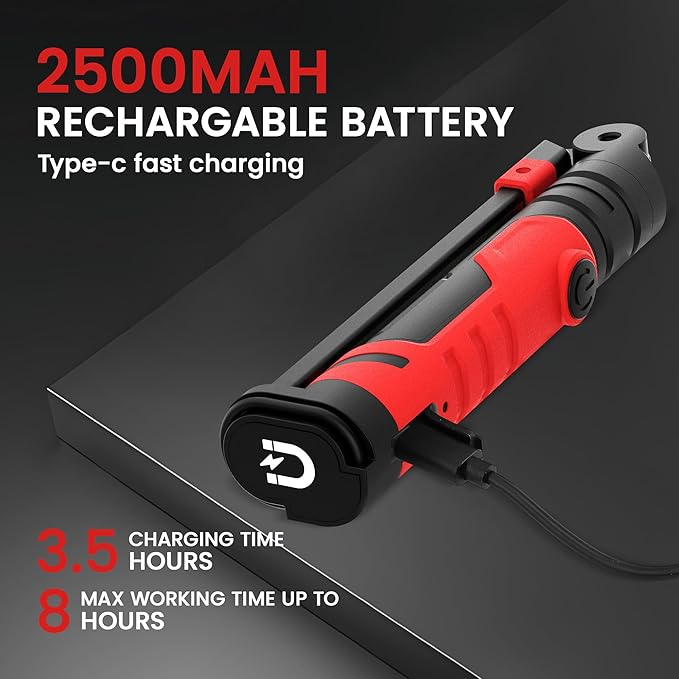 Rechargeable Work Light 2500mAh Magnetic LED Work Light Flashlight Mechanic Light Tool for Men Him, Foldable Lamp with Hook for Car Repair Emergency BBQ Grill