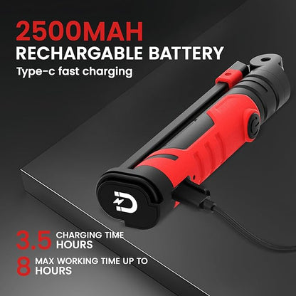 Rechargeable LED Work Light, Magnetic Flashlight Mechanic Light Tool for Men Him, Foldable Lamp with Hook for Car Repair Emergency BBQ Grill (2 Pack)