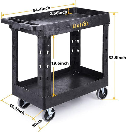 ELAFROS Heavy Duty Plastic Utility Cart 34 x 17 Inch - Work Cart Tub Storage W/Deep Shelves and Full Swivel Wheels Safely Holds up to 550 lbs - 2 Tier Service Cart for Warehouse,Garage, Cleaning