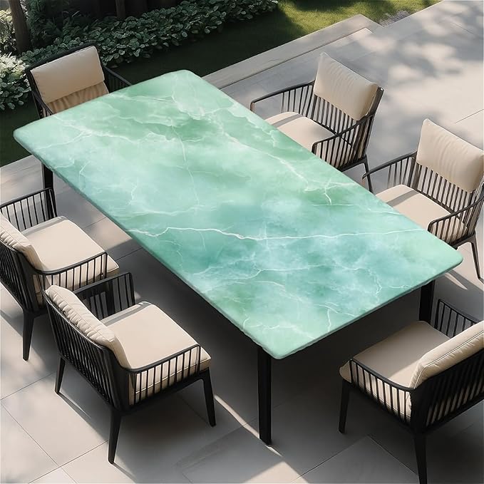 Rectangle Table Cloth Cover Waterproof Elastic Fitted Polyester Fitted Tablecloths for 6 Foot Tables for Indoor,Picnic, Camping, Outdoor （72" x 30"，Green Marble）
