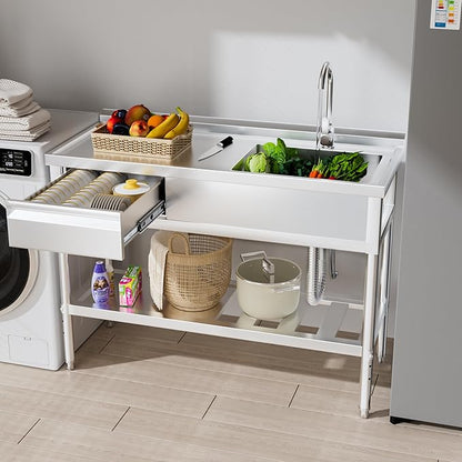 39" 304 Stainless Steel Utility Sink with Faucet – Free Standing Single Bowl Kitchen Sink with Workbench & Drawer Storage, Hot/Cold Water Pipes for Laundry, Farmhouse & Outdoor Use