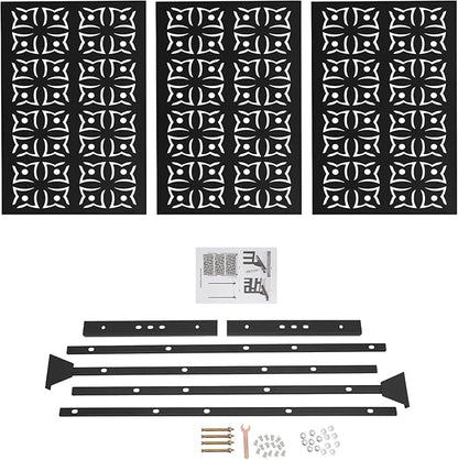 75" H×35" W Decorative Outdoor Privacy Screen with Stand, Outdoor Decor Privacy Fence Screen Metal Fence Panels, Free Standing Metal Divider for Patio Lawn Deck (Black-Orchid)
