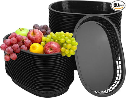 60 Pack Black Fast Food Baskets, 10.6 x 6.7 Inch Oval Black Plastic Food Baskets for Burgers, Fries, Sandwiches, Hot Dogs, Barbecues, Picnics, Parties, Durable and Safe