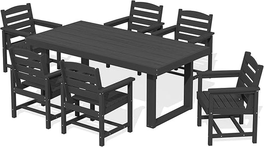SERWALL HDPE Outdoor Dining Set for 6, 67'' All Weather Patio Dining Table and Chairs Set for Deck, Lawn, Black