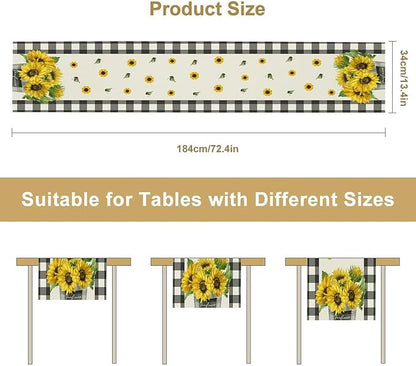 Morden Sunflower Table Runner,White Black Buffalo Plaid Watercolor Summer Flower Plants Leaves Print Table Runner for Kitchen Dining Table Holiday Home Party Decor 13x108in