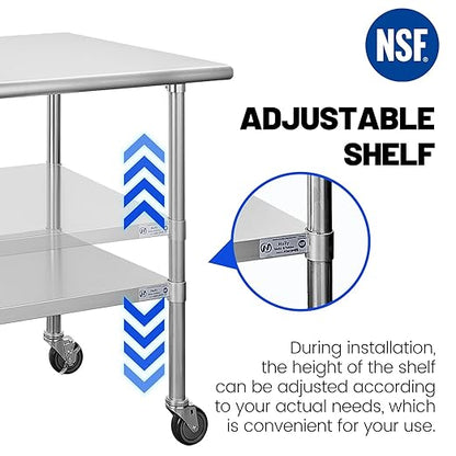 Hally Stainless Steel Table for Prep & Work 30 x 36 Inches with Caster Wheels, NSF Commercial Heavy Duty Table with Undershelf and Galvanized Legs for Restaurant, Home and Hotel