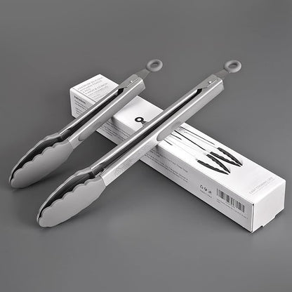 HOTEC Premium Stainless Steel Locking Kitchen Tongs with Silicon Tips, Set of 2-9" and 12" Light Grey
