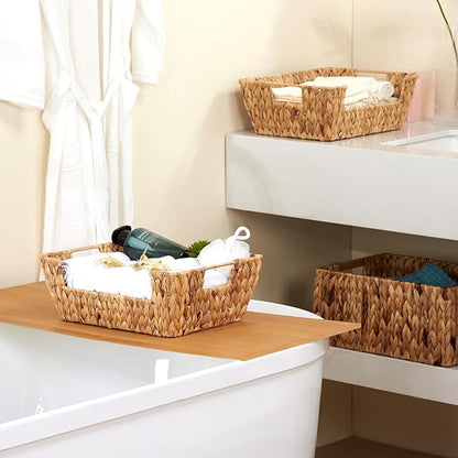 Wicker Baskets 2 Pack, Water Hyacinth Wicker Storage Basket with Handles, Pantry Baskets Organization and Storage, Handmade Large Wickers Baskets for Organizing, Natural