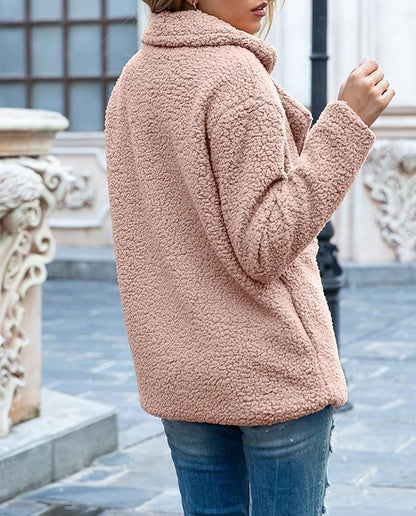Women's Winter Warm Plush Cardigan Fuzzy Fleece Lapel Jacket with Buttons Pockets Long Sleeve Casual Outerwear