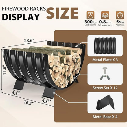 24 inch Diameter Semicircle Firewood Rack Storage -0.8MM Thick Galvanized Steel with Wave Pattern & 4 Stable Feet, Black Coated for Indoor/Outdoor Wood Storage (2FT Diameter)