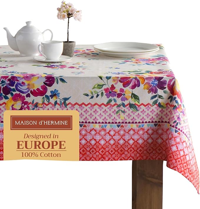 Maison d' Hermine Table Cloth Rectangle Table 100% Cotton 70 x 120 Inches Tablecloth Reusable Decorative for Dining Room, Farmhouse, Home, Party, Festive & Wedding Spring Summer - Rose Garden