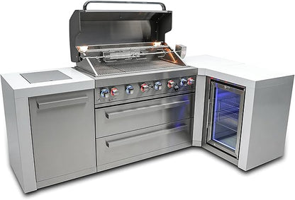 Mont Alpi MAi805-D90FC 44-inch 6-Burner 115000 BTU 90 Degree Corner Deluxe Stainless Steel Gas Outdoor Barbecue Island Grill w/Lockable Compact Refrigerator + Infrared Side Burner + Rotisserie Kit