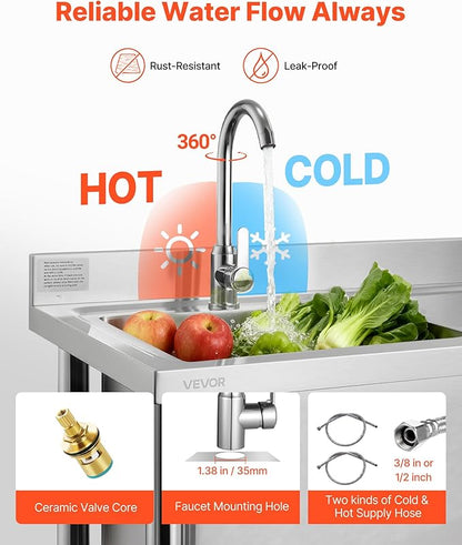 VEVOR Stainless Steel Utility Sink, Free Standing Single Bowl Commercial Kitchen Sink with Faucet, 39.4 x 19.7 x 37 in, Utility Right Basin with Hot & Cold Water Pipe for Garage, Restaurant, Laundry